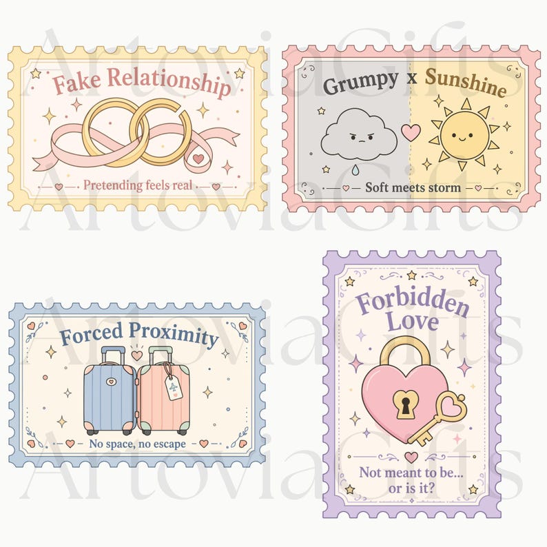 May include: Four rectangular postage stamp designs featuring pastel illustrations and text. One shows gold rings with 'Fake Relationship', another a cloud and sun with 'Grumpy x Sunshine', one two suitcases with 'Forced Proximity', and one a heart lock with 'Forbidden Love'.