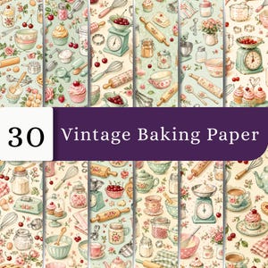 Puede incluir: Un conjunto de 30 hojas de papel de horno vintage con un patrón repetitivo de utensilios de cocina, cupcakes, cerezas y motivos florales en tonos pastel suaves. El diseño incluye ilustraciones de rodillos, básculas y cuencos.