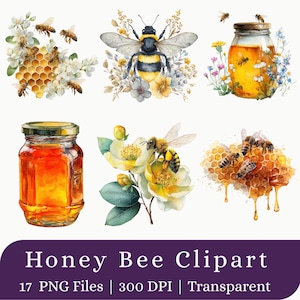 Pode incluir: Uma coleção de ilustrações em aquarela apresentando abelhas, estruturas de favo de mel e potes de vidro cheios de mel dourado, cercados por vários elementos florais. O texto na parte inferior diz Honey Bee Clipart 17 PNG Files 300 DPI Transparent.