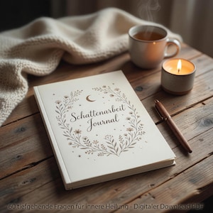 May include: A cream-colored journal with the text "Schattenarbeit Journal" on the cover, decorated with a brown floral wreath and a crescent moon. A brown pen, a steaming mug, and a lit candle are placed nearby on a wooden surface.