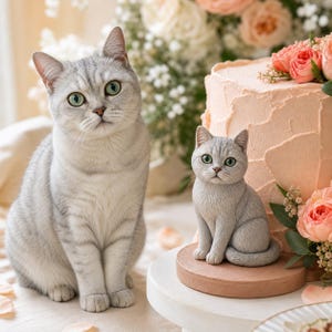 May include: A silver tabby cat with green eyes sits next to a small, realistic cat figurine. The figurine is placed on a round base beside a textured peach-colored cake decorated with pink roses and white flowers, creating a detailed scene.