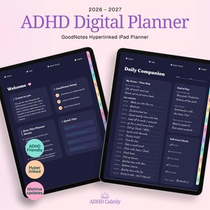 Könnte beinhalten: Ein digitaler ADHS-Planer 2026-2027 für GoodNotes auf einem iPad. Die dunkel gestaltete Benutzeroberfläche zeigt eine Willkommensseite und einen Tagesplaner mit Zeitfenstern, Fokus-Map und Selbstfürsorge-Checklisten. Enthält ADHS-freundliche, verlinkte Badges.