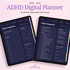 Agenda digital para TDAH 2026-2027 / Agenda para iPad con hipervínculos de GoodNotes para personas neurodivergentes y con disfunción ejecutiva / Interfaz de usuario Dark Rainbow