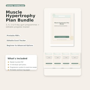 May include: A digital download Muscle Hypertrophy Plan Bundle featuring 3, 4, 5, and 6-day gym programs, an editable Excel progress tracker, and printable PDFs. The document includes a master bundle PDF, four individual split plans, a progression system, exercise swaps, and printable workout log pages for beginner to advanced users.