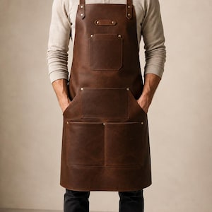 Könnte beinhalten: Eine dunkelbraune Lederschürze mit einer rechteckigen Brusttasche, einer mittleren Tasche und zwei unteren Taschen. Die Schürze wird mit Schulterriemen befestigt, die durch Metallnieten gesichert sind, und hat einen horizontalen Lederstreifen.