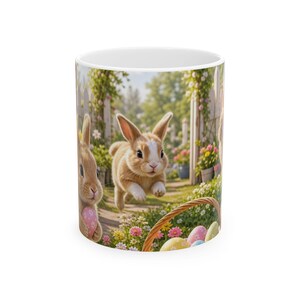 Easter Bunnies Ceramic Mug | Spring Garden Bunny Scene