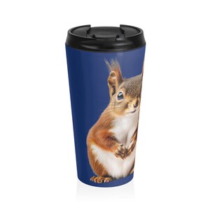 Cute Red Squirrel Illustration Travel Mug | Coffee Cup, Blue Background