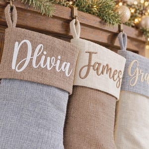 Quilted Family Embroidered Christmas Stockings, Vintage Faux Linen Stocking, Personalized Christmas Gift, Family Keepsake, Winter Home Decor