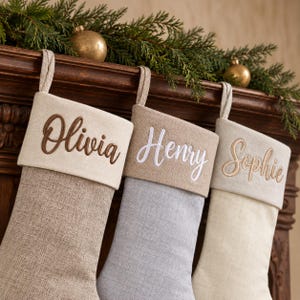 Quilted Family Embroidered Christmas Stockings, Vintage Faux Linen Stocking, Personalized Christmas Gift, Family Keepsake, Winter Home Decor
