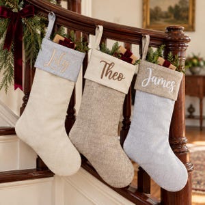 Vintage Quilted Family Embroidered Christmas Stockings, Faux Linen Stocking, Personalized Christmas Gift, Family Keepsake, Winter Home Decor