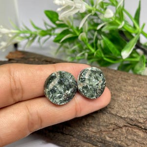 Può includere: Un paio di orecchini a lobo rotondi con una pietra lucida verde scuro caratterizzata da un distinto motivo fibroso e radiante. Le pietre presentano una superficie lucida e riflettente che mette in risalto i toni verde bosco e le sottili inclusioni grigio argento.