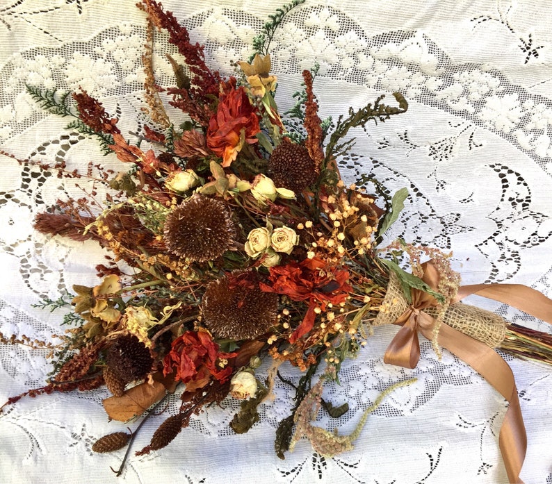 Woodland Natural Dried Flower Bridal Bouquet Wedding Rustic Peony Pinecone Sunflower Bronze Brown Burnt Orange Green