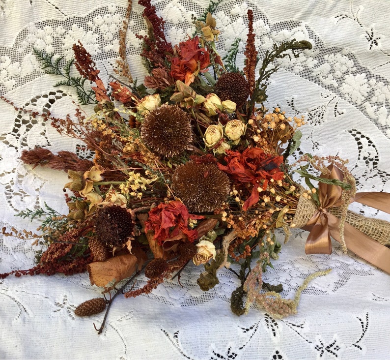 Woodland Natural Dried Flower Bridal Bouquet Wedding Rustic Peony Pinecone Sunflower Bronze Brown Burnt Orange Green