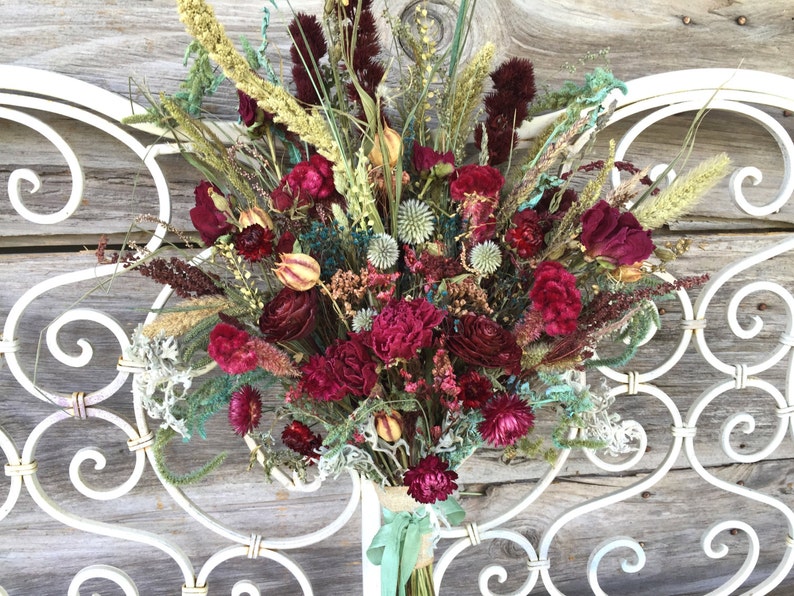 Victorian Bridal Bouquet Wedding Dried Flower Burgundy Peony Rose Love In Mist Blue Green Natural Strawflower Magentia