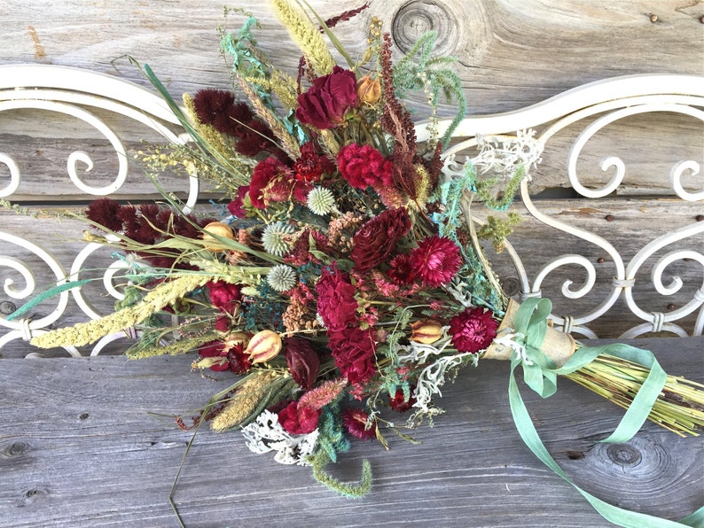 Victorian Bridal Bouquet Wedding Dried Flower Burgundy Peony Rose Love In Mist Blue Green Natural Strawflower Magentia
