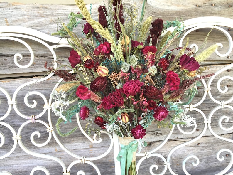 Victorian Bridal Bouquet Wedding Dried Flower Burgundy Peony Rose Love In Mist Blue Green Natural Strawflower Magentia