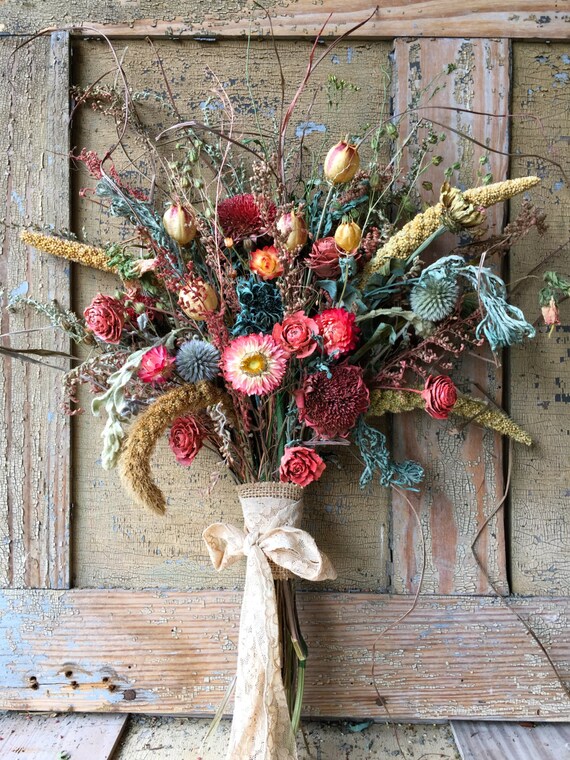 Fleurs Séchées De Mariage Bouquet De Mariée Or Rose Blush Rose Corail Aqua Dusty Rose Crème Pré Fleurs Champ Herbe Dentelle Vintage