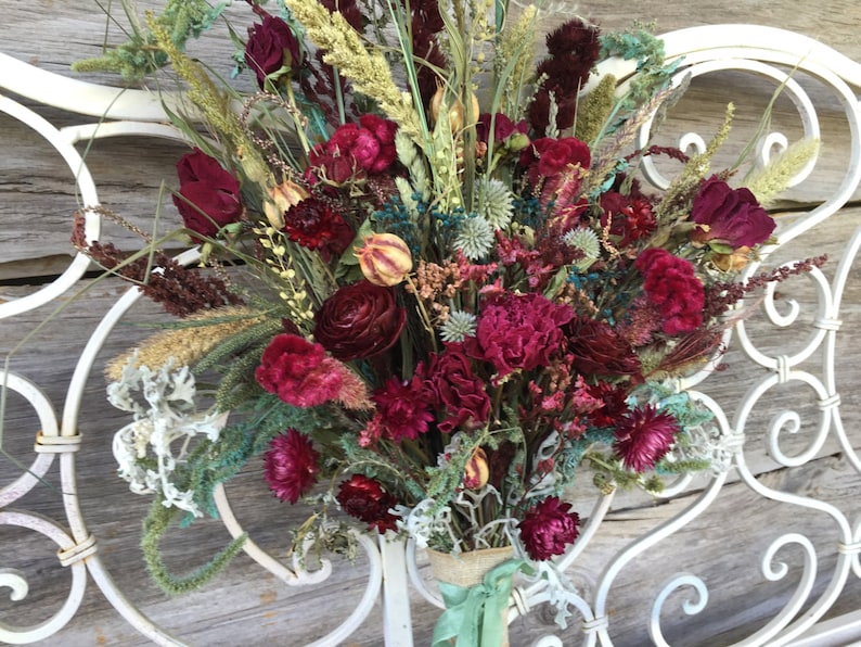 Victorian Bridal Bouquet Wedding Dried Flower Burgundy Peony Rose Love In Mist Blue Green Natural Strawflower Magentia