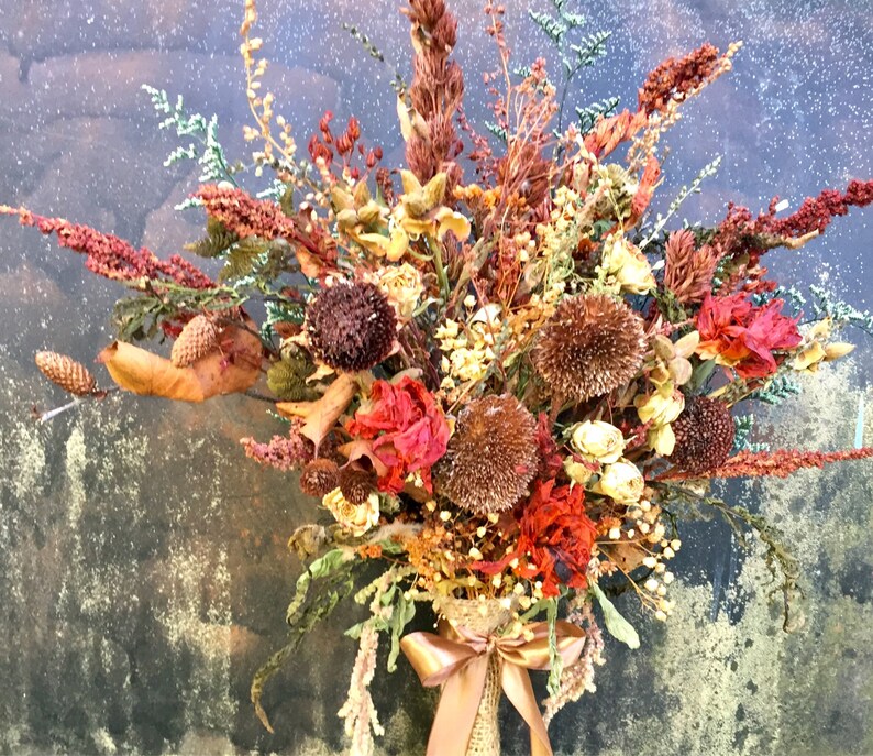 Woodland Natural Dried Flower Bridal Bouquet Wedding Rustic Peony Pinecone Sunflower Bronze Brown Burnt Orange Green