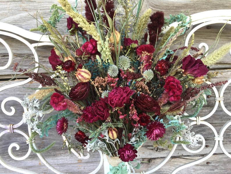 Victorian Bridal Bouquet Wedding Dried Flower Burgundy Peony Rose Love In Mist Blue Green Natural Strawflower Magentia
