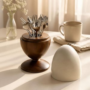 May include: A dark brown wooden holder with a rounded base and top opening, containing several silver-toned metal spoons and forks with heart-shaped accents. Beside the holder sits a smooth, off-white, egg-shaped cover made of solid material.