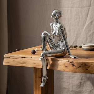 May include: A polished silver-toned figurine of a seated humanoid figure with a smooth, reflective surface. The figure is depicted in a relaxed pose with one leg bent and the other hanging down, featuring articulated joints and a rounded head.