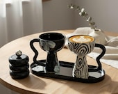 Sculptural Coffee Cups, Black Ivory Palette - Wavy Handles, Abstract Swirls | Floral Accent