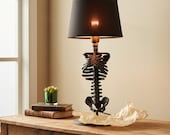 Gothic Skeleton Table Lamp - Ribcage Spine Sculpture, Black Shade | Anatomical Home Decor Accent