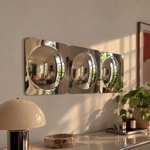 Set of 3 Chrome Convex Mirrors 25 cm, Square Fisheye Bubble Wall Mirrors, Y2K Wall Decor