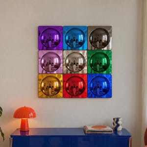 Set of 9 colorful convex mirrors, pop wall decor, round bubble mirror, retro contemporary wall art