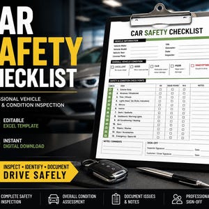 Professional car safety checklist showing vehicle inspection sections, safety checks, printable format, and editable Excel file.