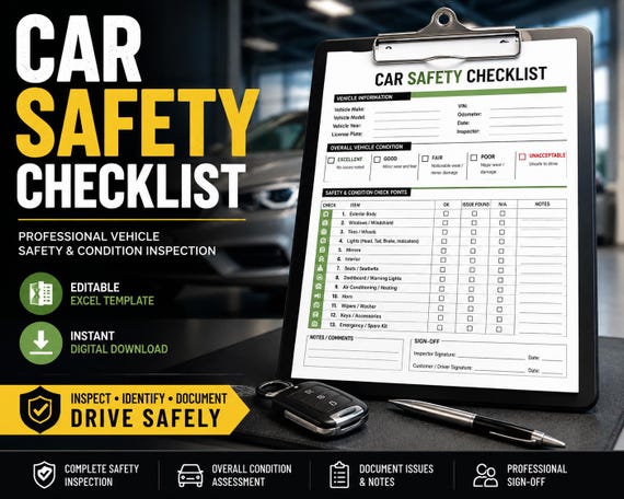 Car Safety Checklist, Vehicle Safety Checklist, Vehicle Safety Template, Car Safety form, Car Checklist, Car safety inspection Checklist
