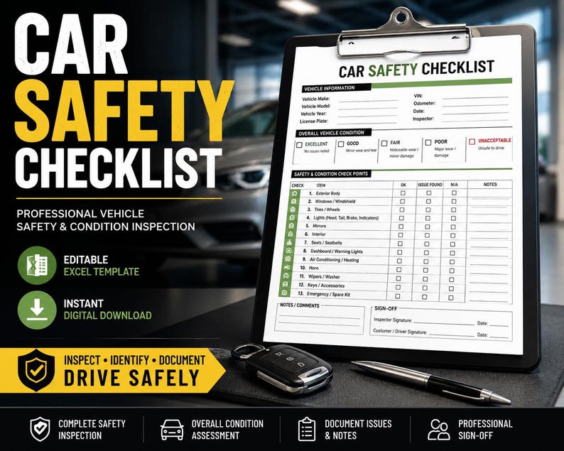 Professional car safety checklist showing vehicle inspection sections, safety checks, printable format, and editable Excel file.