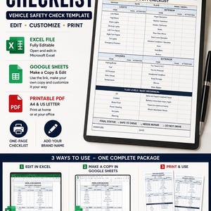 Car safety checklist package showing editable Excel, Google Sheets copy, and printable A4 and US Letter PDF options.