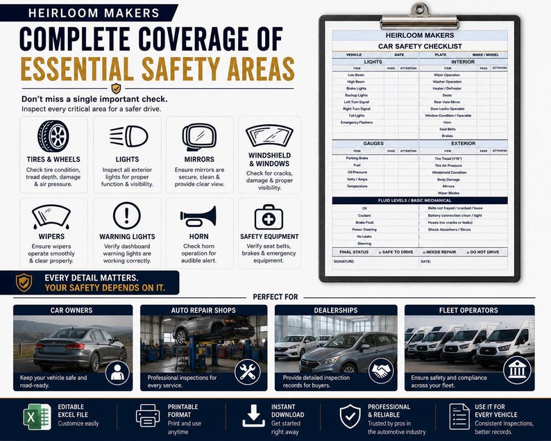 Car safety checklist showing the essential inspection areas including lights, gauges, fluids, interior, exterior, basic mechanical systems, and final status.