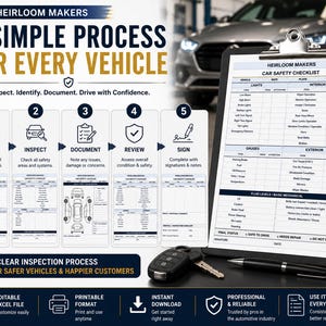 May include: A black clipboard holding a printed Heirloom Makers car safety checklist, accompanied by a black car key fob and a silver pen. The document features sections for lights, interior, gauges, exterior, and fluid levels, with a five-step process.