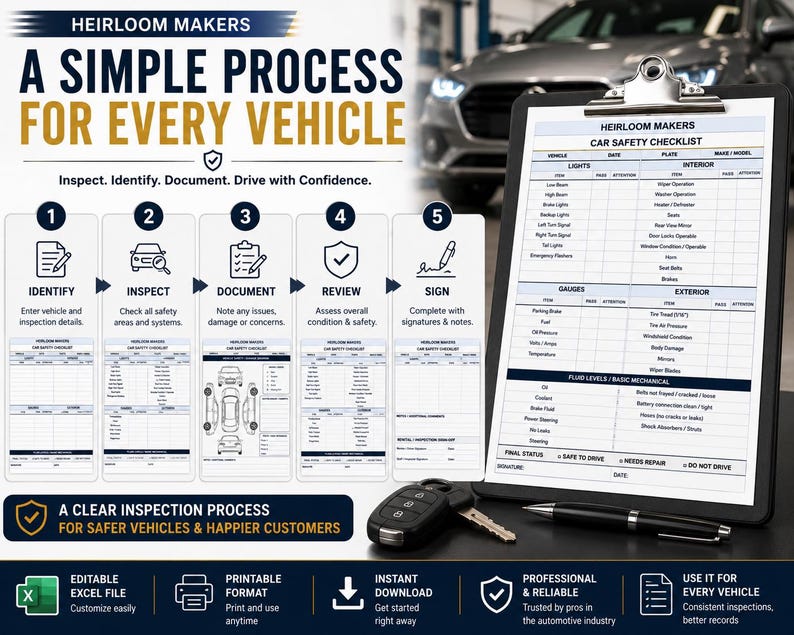 May include: A black clipboard holding a printed Heirloom Makers car safety checklist, accompanied by a black car key fob and a silver pen. The document features sections for lights, interior, gauges, exterior, and fluid levels, with a five-step process.
