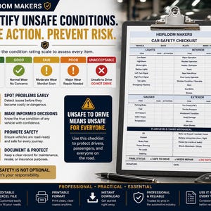 Complete car safety checklist highlighting lights, interior safety, gauges, exterior condition, fluid levels, and final vehicle status.