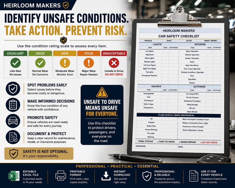 Complete car safety checklist highlighting lights, interior safety, gauges, exterior condition, fluid levels, and final vehicle status.