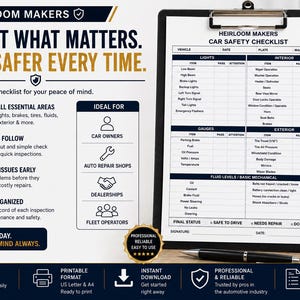 May include: A black clipboard holding a white car safety checklist document titled HEIRLOOM MAKERS CAR SAFETY CHECKLIST. The document features tables for lights, interior, gauges, exterior, and fluid levels. A black pen and a car key fob are nearby.