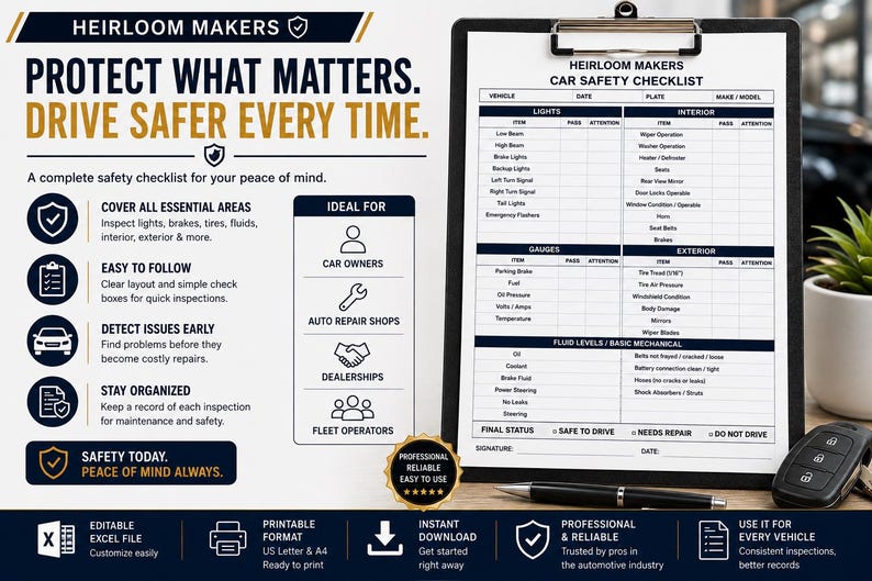 May include: A black clipboard holding a white car safety checklist document titled HEIRLOOM MAKERS CAR SAFETY CHECKLIST. The document features tables for lights, interior, gauges, exterior, and fluid levels. A black pen and a car key fob are nearby.