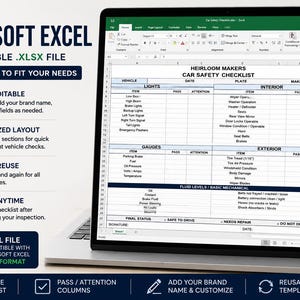 Editable car safety checklist Excel template showing customizable fields, reusable inspection layout, and Microsoft Excel format.