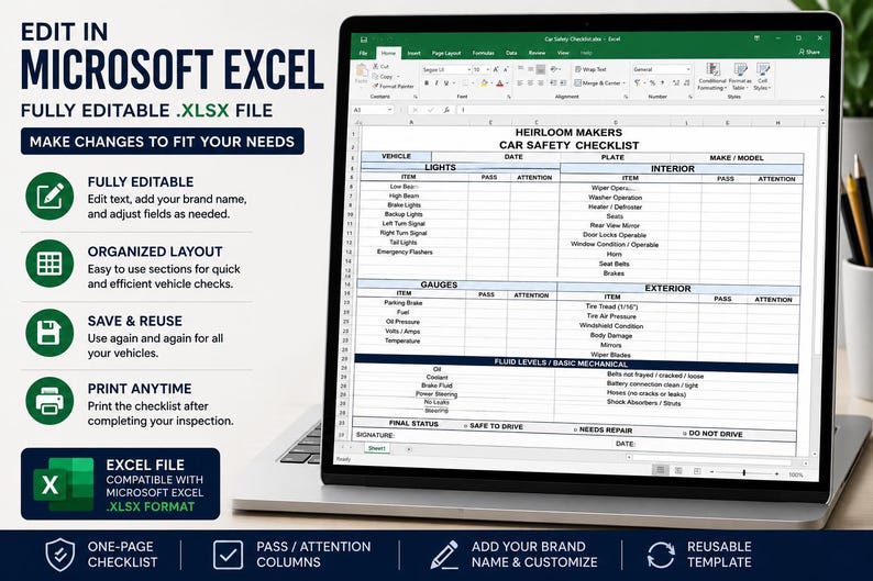 Editable car safety checklist Excel template showing customizable fields, reusable inspection layout, and Microsoft Excel format.