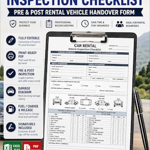 May include: A car rental inspection checklist form on a black clipboard with a black pen. The document includes sections for company and customer information, vehicle details, odometer readings, fuel levels, and a damage diagram with a legend.