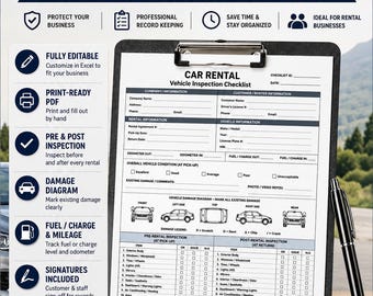 May include: A car rental inspection checklist form on a black clipboard with a black pen. The document includes sections for company and customer information, vehicle details, odometer readings, fuel levels, and a damage diagram with a legend.