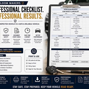 Professional car safety and condition checklist showing vehicle information, safety inspection points, condition assessment, notes, and sign-off areas.