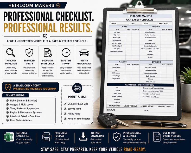 Professional car safety and condition checklist showing vehicle information, safety inspection points, condition assessment, notes, and sign-off areas.