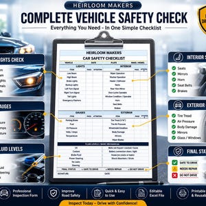 Complete vehicle safety inspection checklist covering tires, lights, mirrors, windshield, wipers, gauges, fluids, interior, exterior, and mechanical areas.