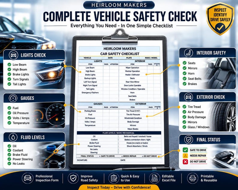 Complete vehicle safety inspection checklist covering tires, lights, mirrors, windshield, wipers, gauges, fluids, interior, exterior, and mechanical areas.