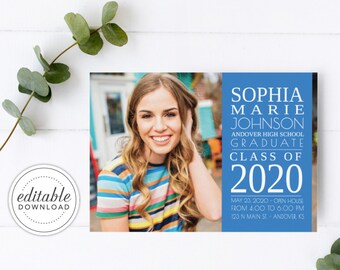 Graduation Announcement Banner Design, Grad Party, Grad Celebration, Blue and White Grad, Class of 2020 Grad, Cheap Graduation Card, Digital